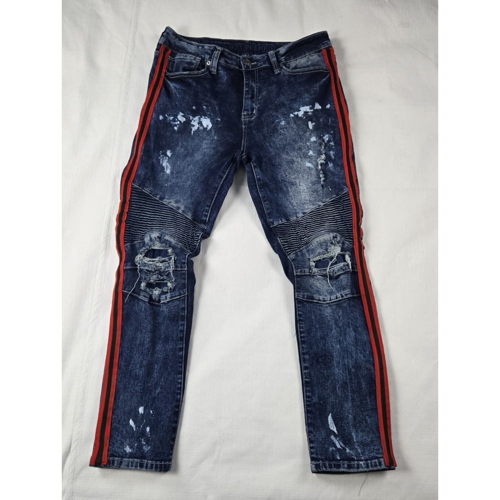 Rue 21 Premium Men's Denim Skinny Supreme Flex Red Stripes Distressed 34 X 28.5